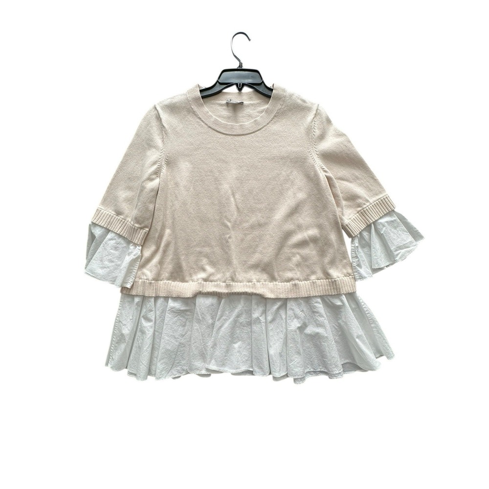 COS Oatmeal Mock Layered Crew Neck Sweater Medium Ruffle Academia Preppy #V12-4